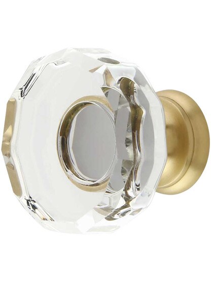 Lowell Crystal-Glass Cabinet Knob - 1 3/8 inch Diameter in Satin Brass.